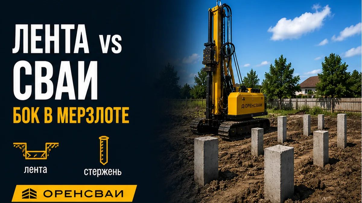 Сравнение ленточного фундамента и забивного ЖБ-поля: бок ленты и стержень ниже промерзания