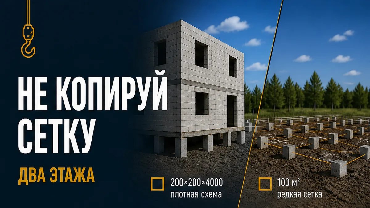 Фундамент под двухэтажный газобетон: поле свай 200 на 200 на 4000, а не сетка одноэтажника без плиты