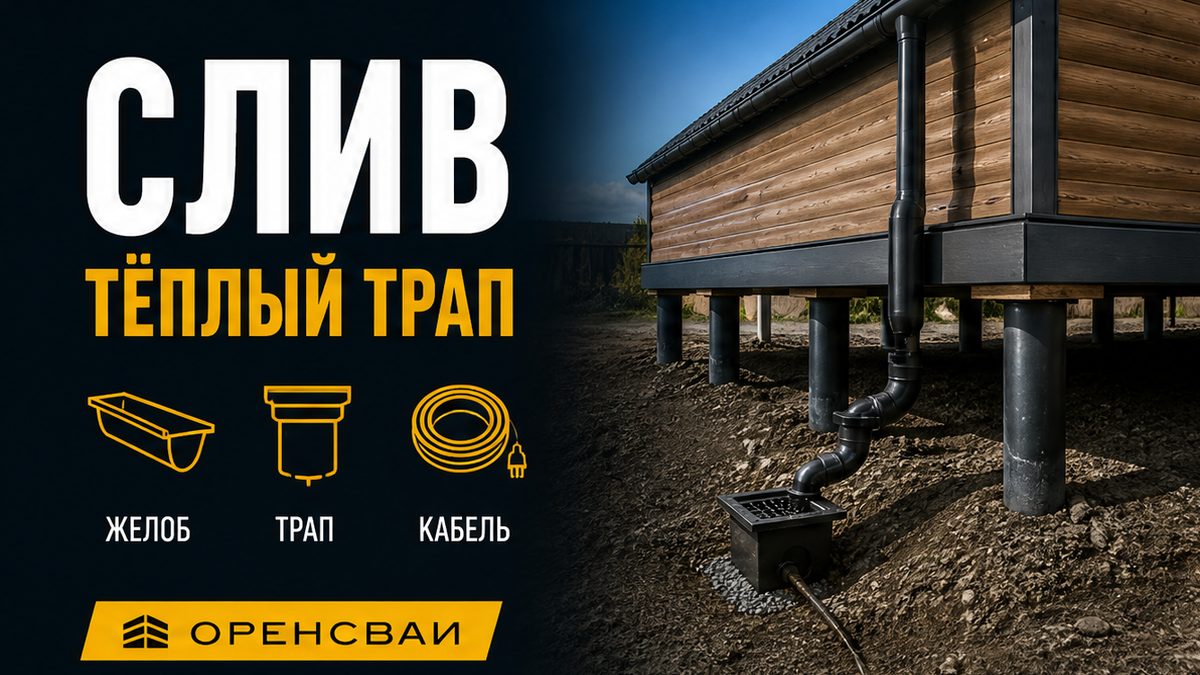 Слив в бане на сваях: желоб, тёплый трап и кабель под полом