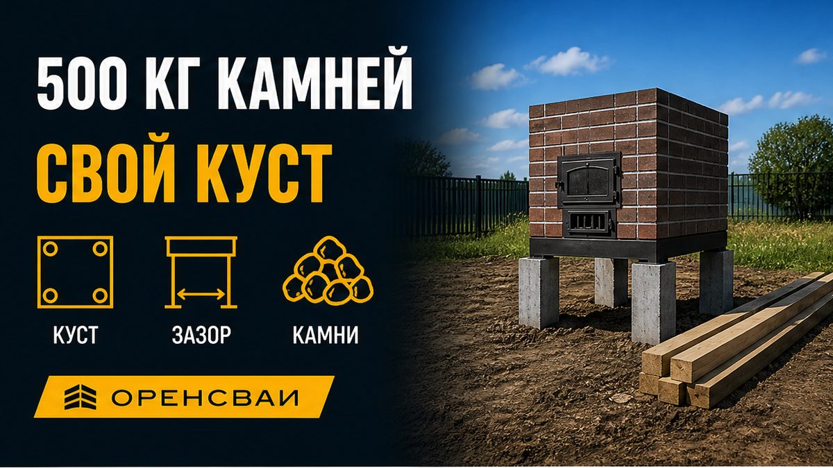Кирпичная банная печь на отдельном свайном кусте, балки пола рядом