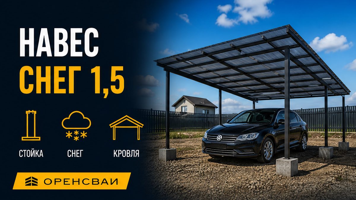 Открытый автонавес на винтовых сваях: стойки, кровля из поликарбоната, машина под навесом