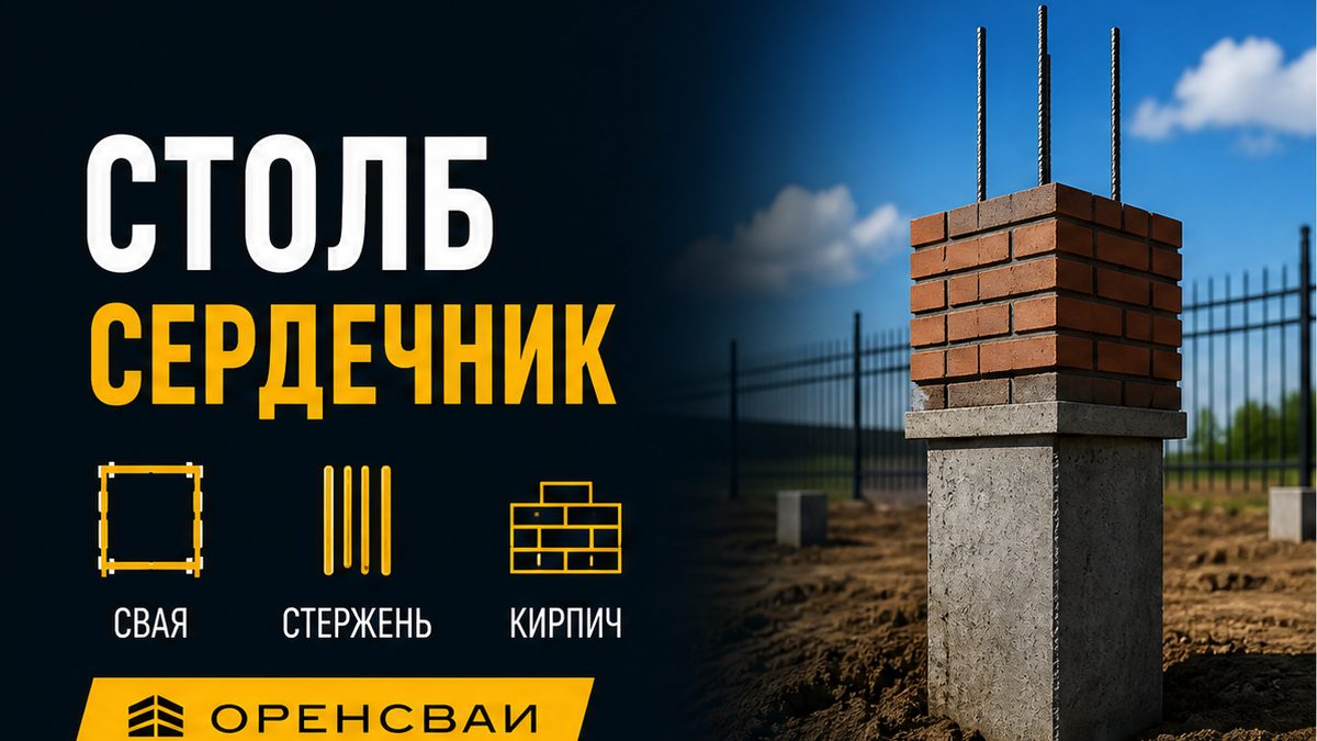 Кирпичный столб забора растёт из забивной сваи, стержни арматуры на торце