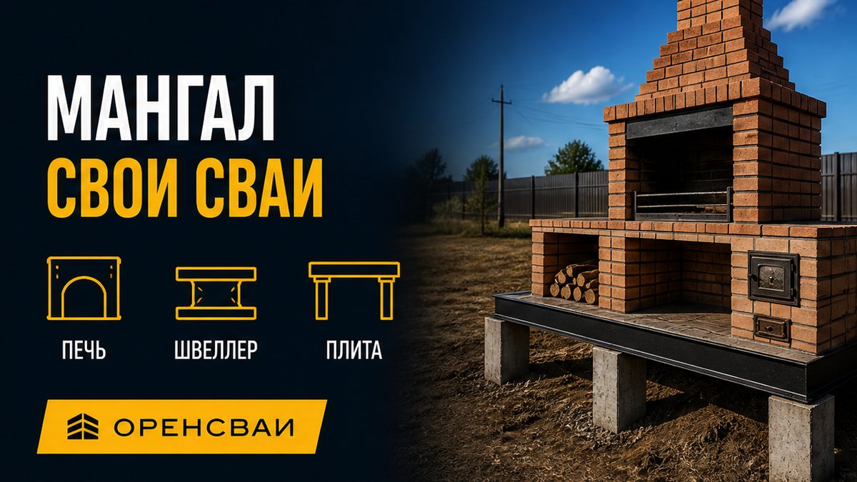 Кирпичный мангал на отдельном кусте забивных свай с обвязкой швеллером