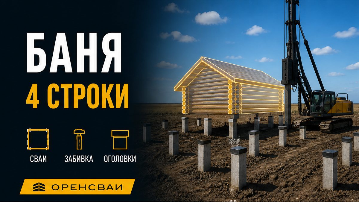 Сруб бани на забивном свайном поле, мини-копёр забивает сваи на степном участке