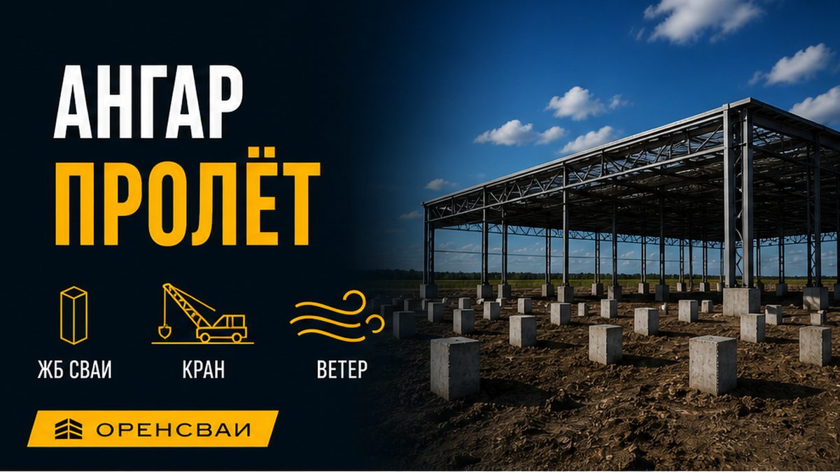 Металлокаркас ангара на забивных ЖБ сваях, кран на степном участке