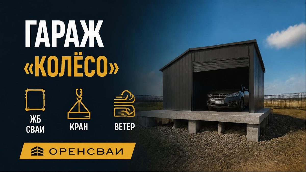 Гараж из сэндвич-панелей на забивных ЖБ сваях с монолитной плитой под автомобиль