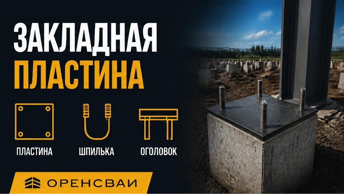 Закладная пластина и анкерные шпильки на оголовке сваи рядом со стальной колонной