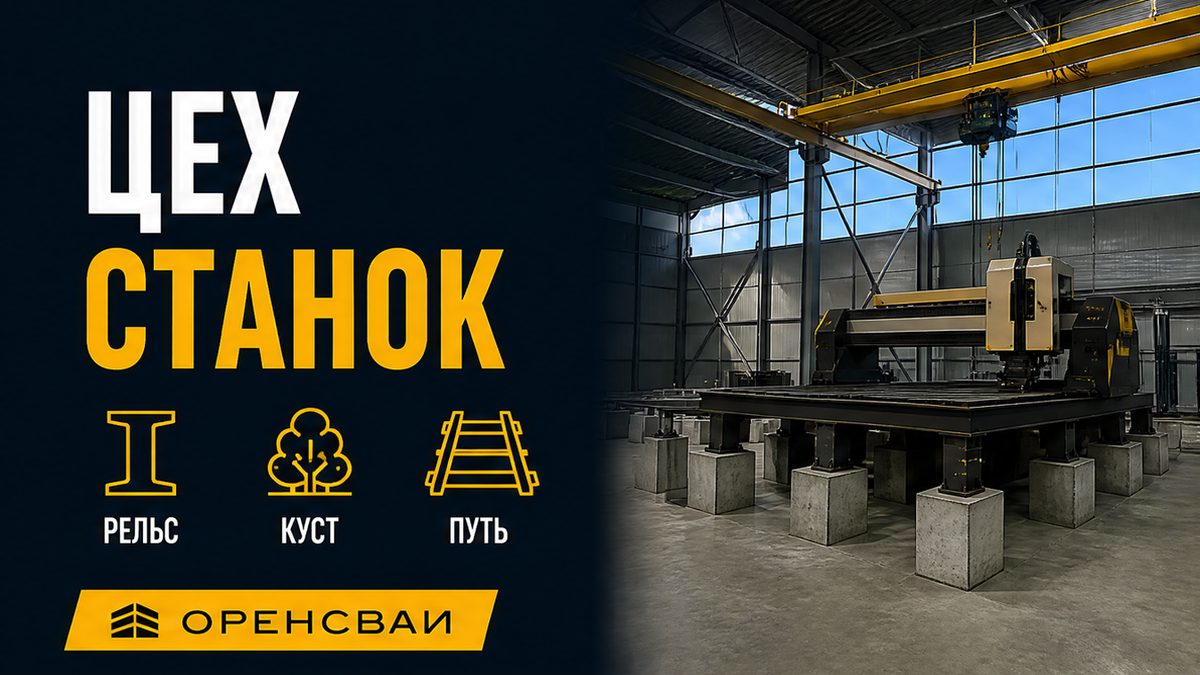 Свайное поле цеха: станок на своём кусте, кран-балка на ветвях колонн и забитые сваи