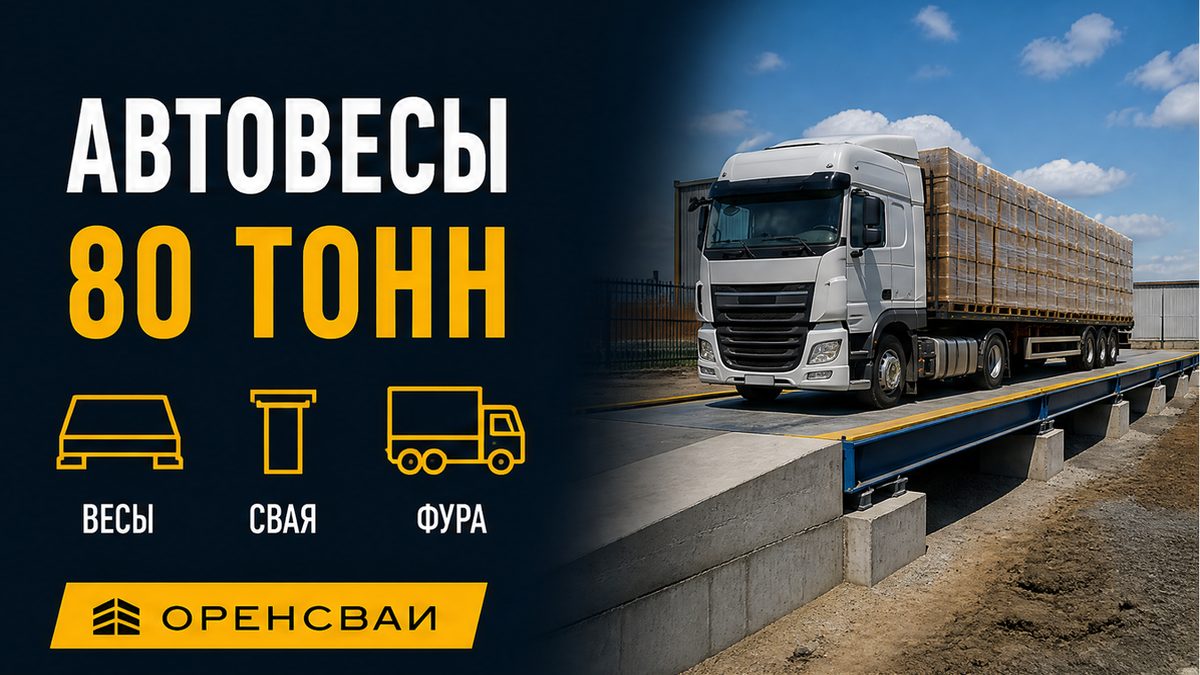 Автовесы 80 тонн: грузовая фура на стальной платформе, сваи под узлами и пандусы заезда