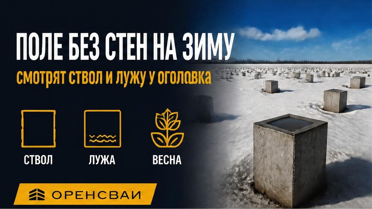 Забитое свайное поле без стен оставляют на зиму: смотрят ствол и лужу у оголовка