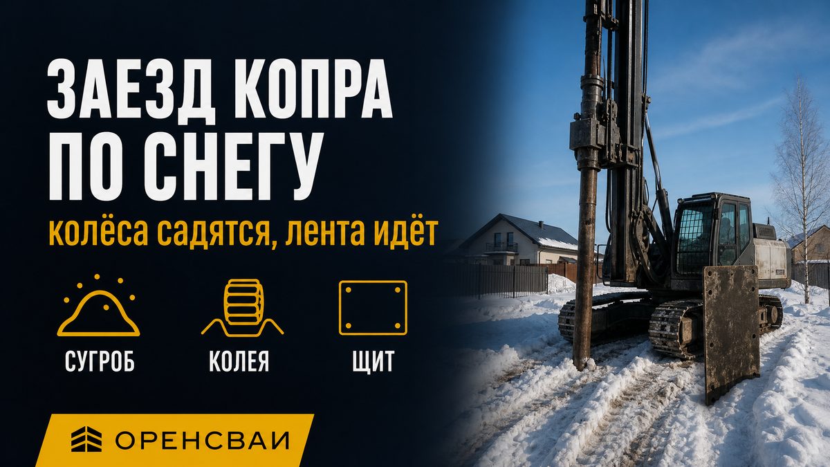 Заезд гусеничного копра по снегу: колёса садятся, лента идёт, рядом щит