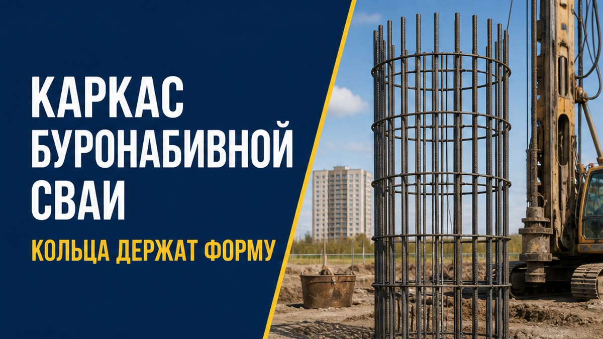 Круглый каркас буронабивной сваи с продольными стержнями и кольцами жёсткости