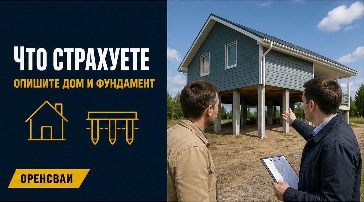 Владелец и консультант осматривают загородный дом на сваях перед оформлением документов; без логотипов страховщика