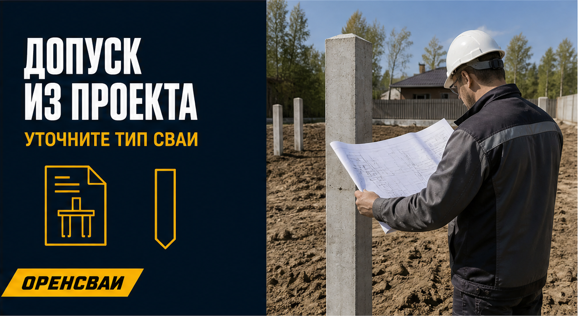 Инженер сопоставляет проект свайного фундамента и железобетонную сваю на площадке; текст в проекте не читается