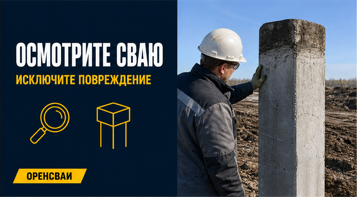 Инженер осматривает головную часть железобетонной сваи после остановки забивки; никакого выдуманного разрушения
