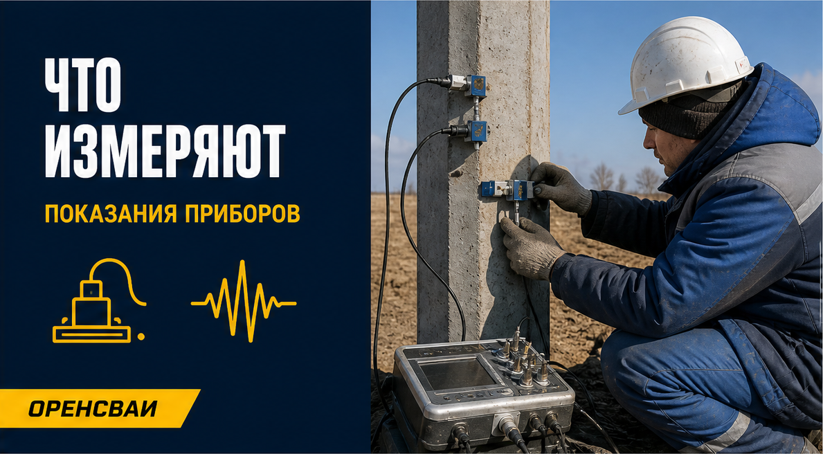 Специалист устанавливает измерительные датчики на испытательную сваю; приборы без читаемых чисел и логотипов