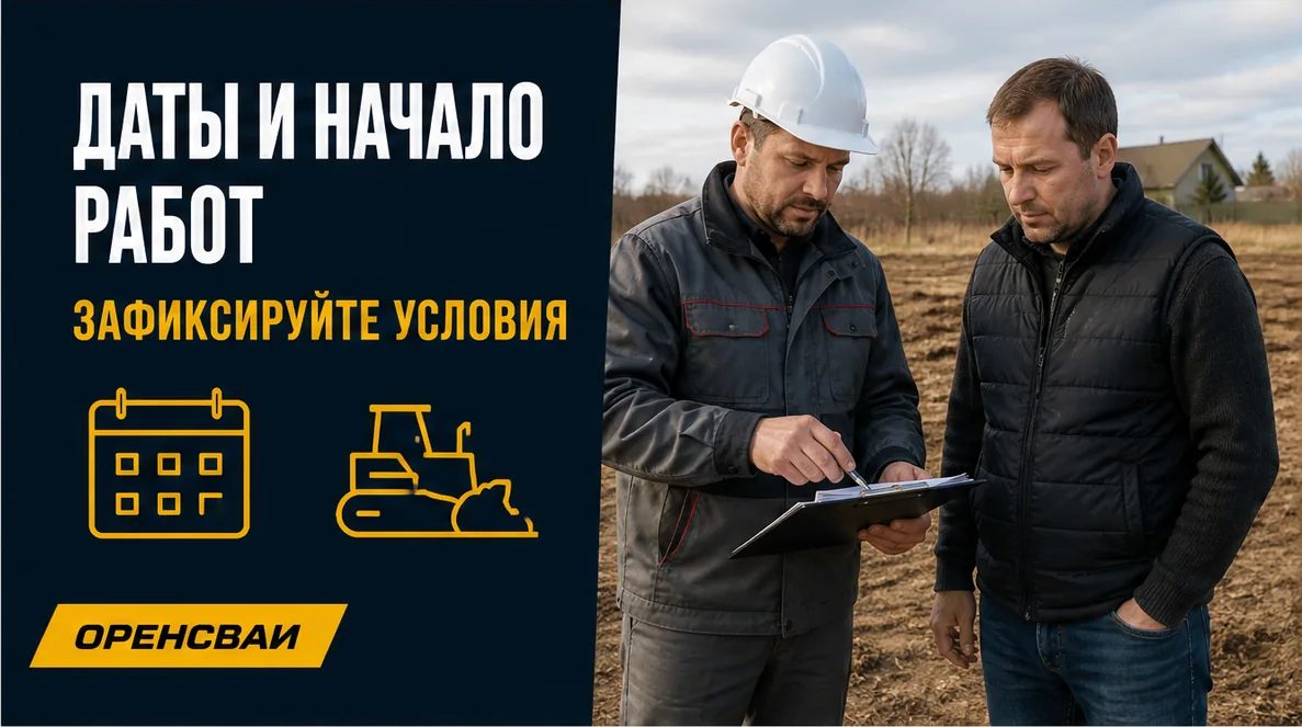 Прораб и заказчик обсуждают календарь и подготовку участка перед началом монтажа фундамента