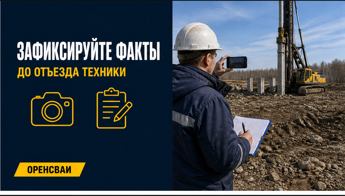 Прораб фотографирует положение копра и сваи на участке и делает полевую запись без читаемого текста