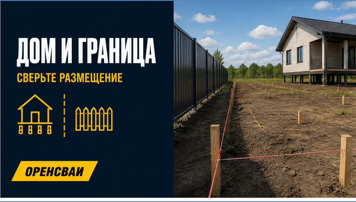 Разметка будущего дома на свайном фундаменте рядом с ограждением участка, видна граница и строительные колышки