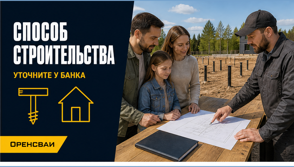 Семья и подрядчик обсуждают план строительства дома на участке, на столе папка с документами без текста