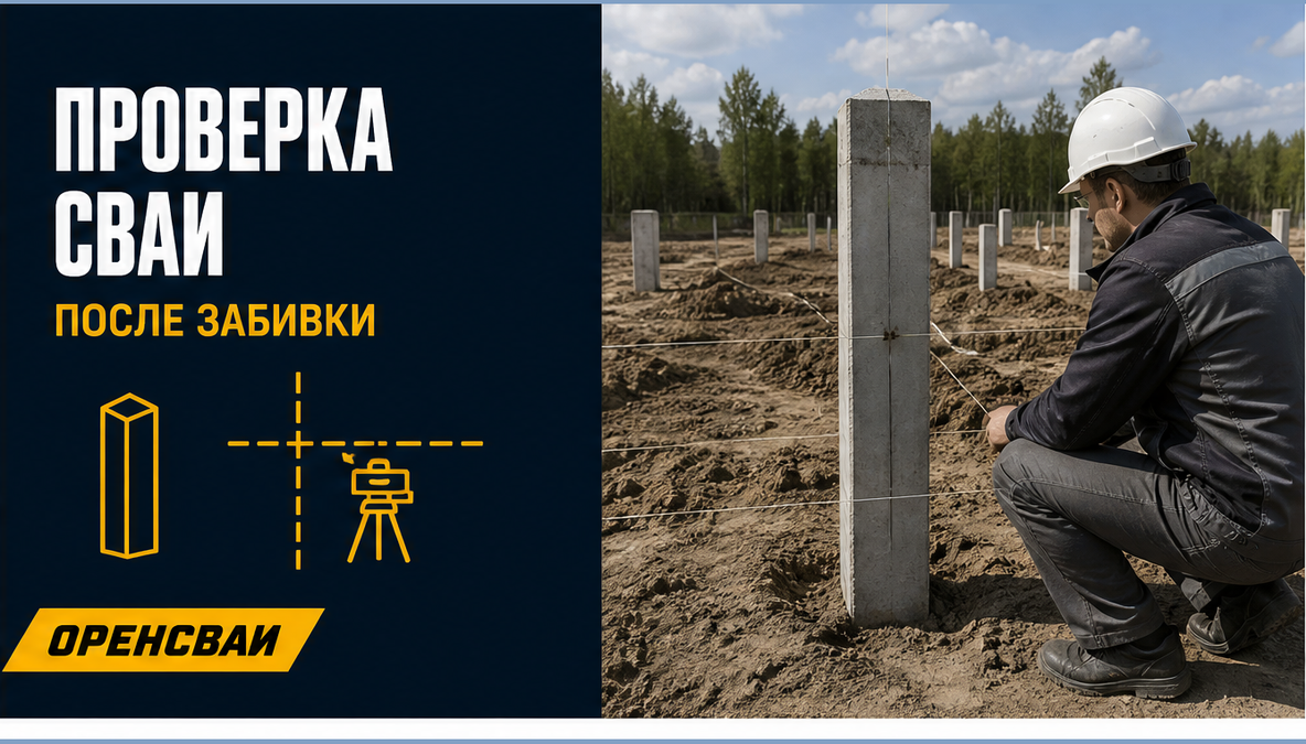 Инженер осматривает положение установленной сваи относительно разбивочных отметок на реальном участке