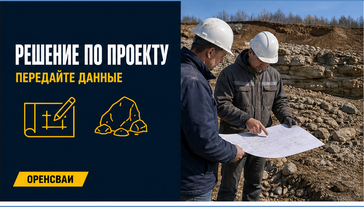 Инженер и проектировщик на площадке рассматривают схему фундамента и сложный каменистый слой грунта