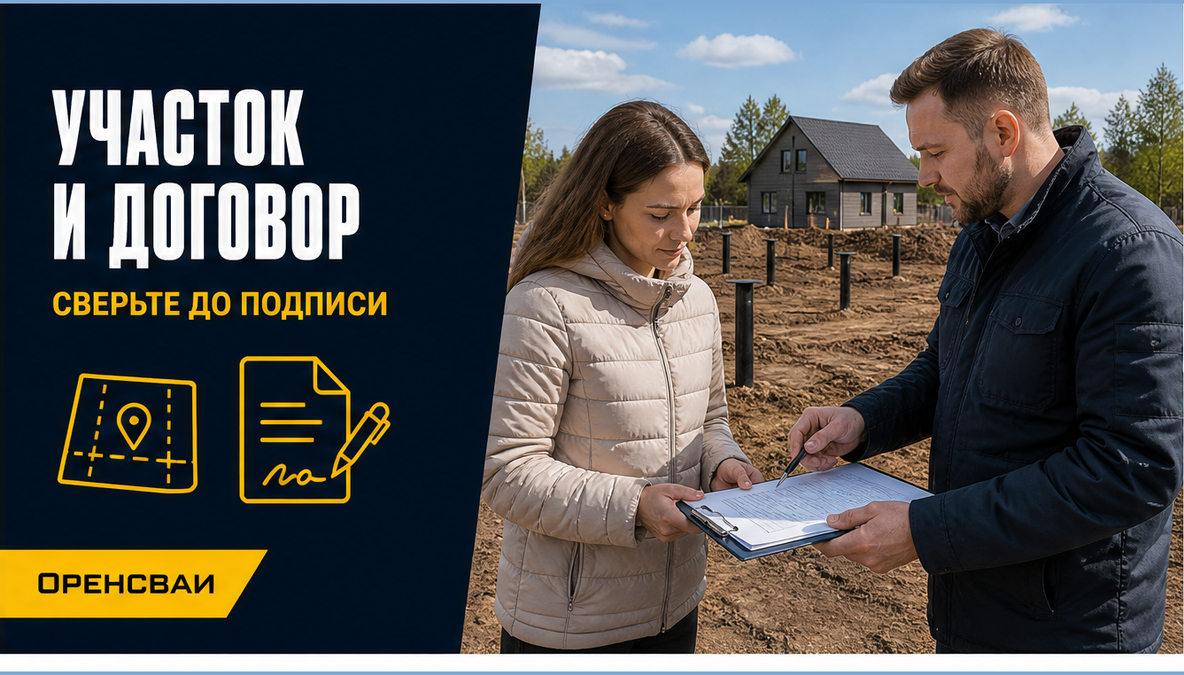 Покупатель и специалист сверяют границы участка и договор на фоне стройплощадки будущего дома