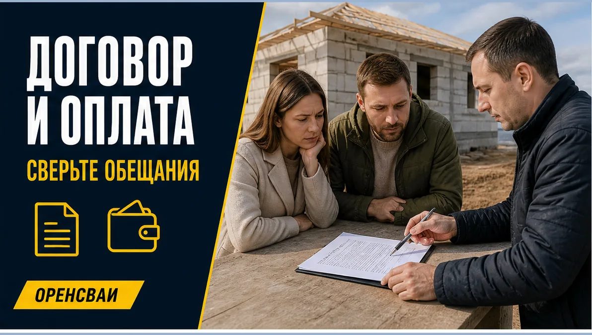 Пара внимательно изучает договор с подрядчиком на фоне строительной площадки