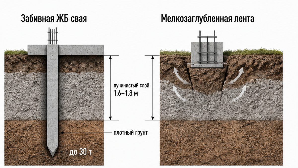 Схема сравнения забивной ЖБ сваи и мелкозаглубленной ленты на пучинистом грунте