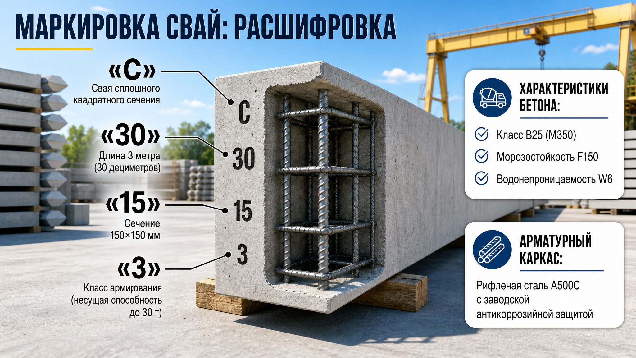 Расшифровка маркировки сваи С 30.15-3: длина, сечение и класс армирования