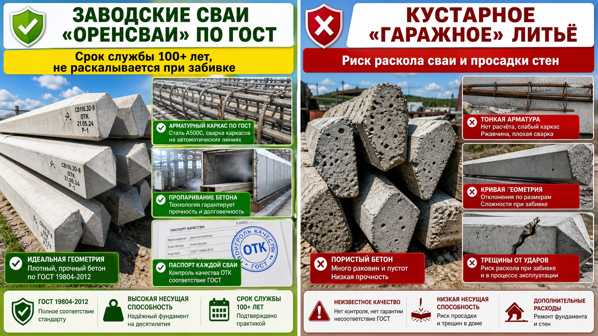 Сравнение заводских свай ОРЕНСВАИ по ГОСТ и кустарного гаражного литья