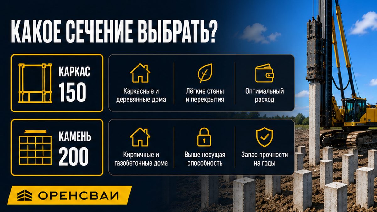 Таблица сечения: каркас обычно 150×150, каменный дом — 200×200