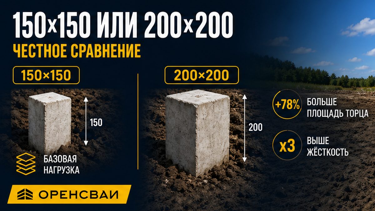 Сравнение двух квадратных свай 150×150 и 200×200: площадь торца и жёсткость