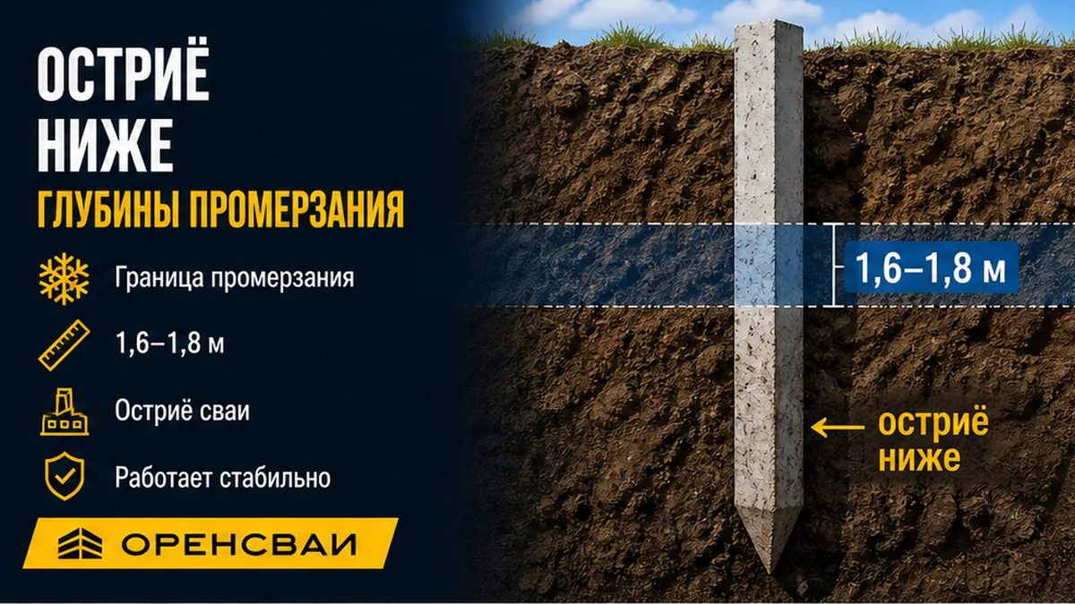 Схема: зона промерзания 1,6–1,8 м и остриё забивной ЖБ сваи ниже пучения