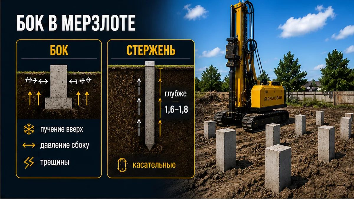 Физика: широкая боковая грань ленты в мерзлом слое против узкого забивного стержня