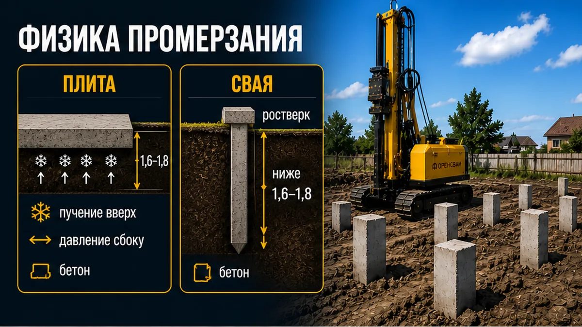 Плита в зоне 1,6-1,8 м и остриё забивной ЖБ сваи ниже промерзания