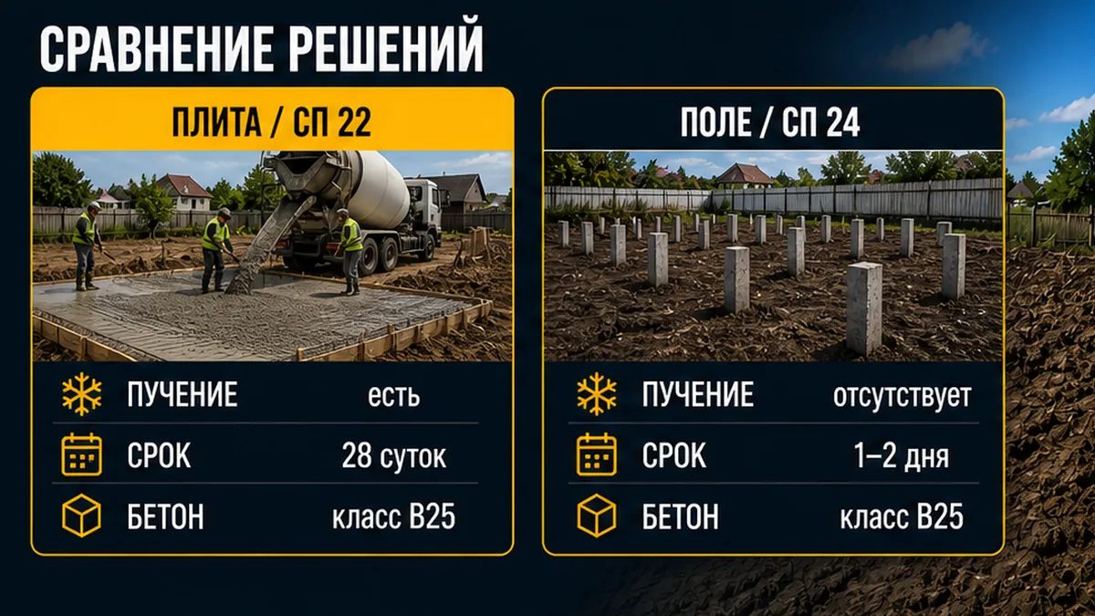 Таблица: монолитная плита и забивное ЖБ-поле по механике, воде, сроку и цене