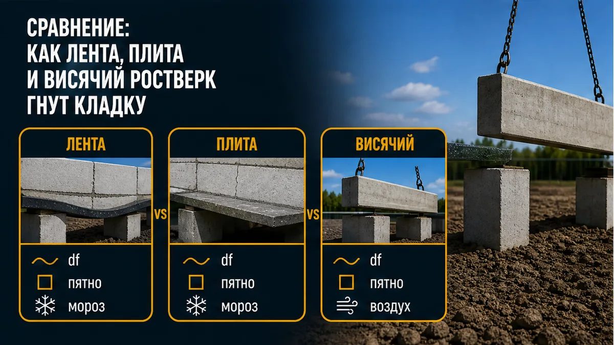 Сравнение: мелкая лента, плита и висячий ростверк под газобетон