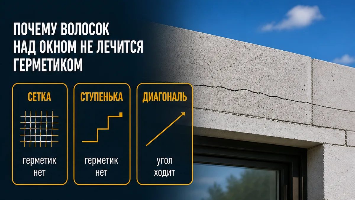 Сетка сушки пеноблока, ступенька угла и диагональ над окном — герметик ход не лечит