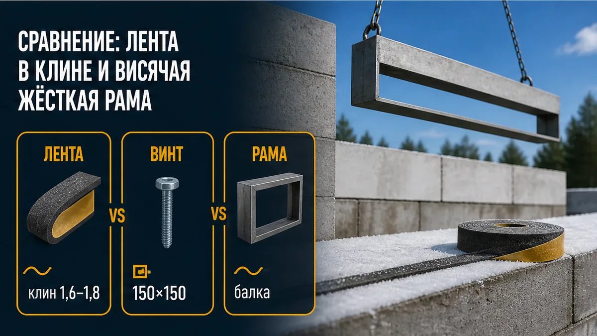 Таблица: мелкая лента в клине, редкий винт и висячая рама 150/200 под пеноблок