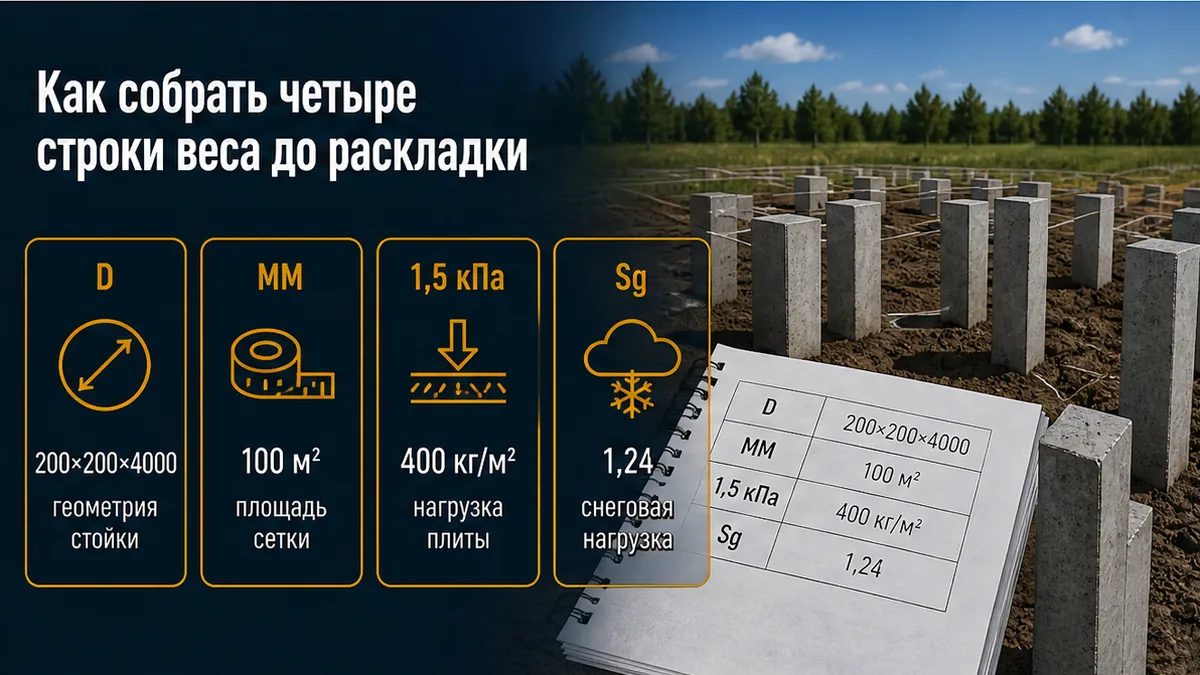 Четыре строки веса: марка D, толщина плиты, полезная 1,5 кПа, снег 1,24, затем поле 200 на 200 на 4000