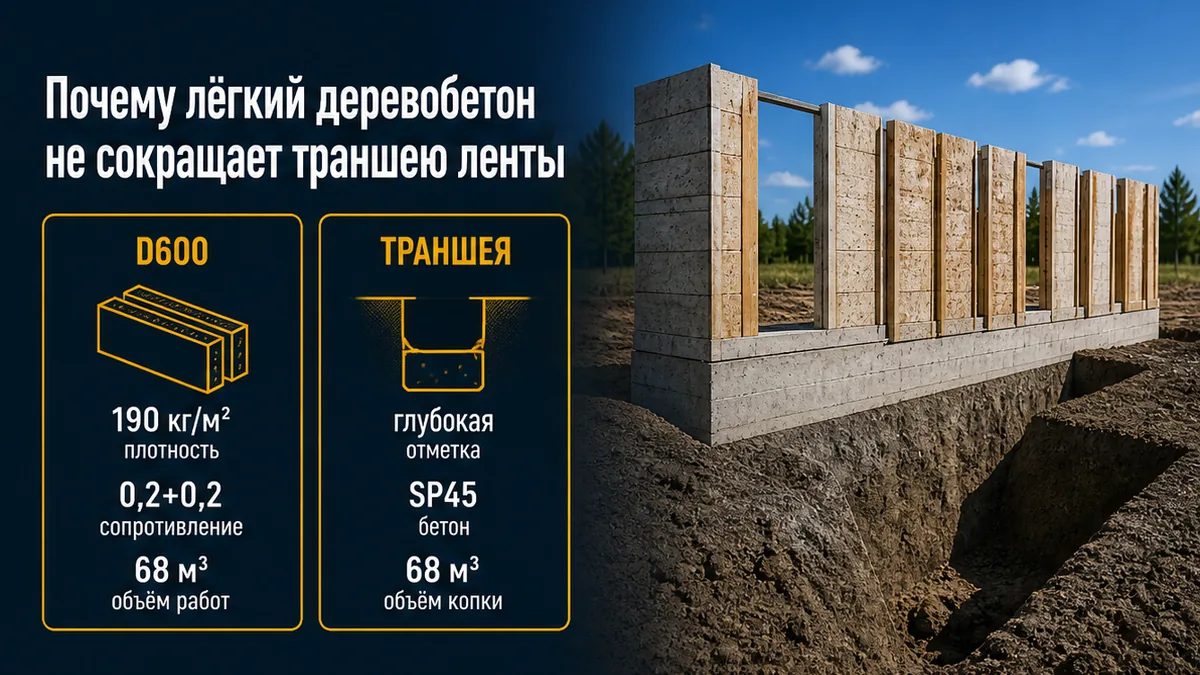 Стена D600 300 мм около 190 кг/м² и траншея ленты по СП 45