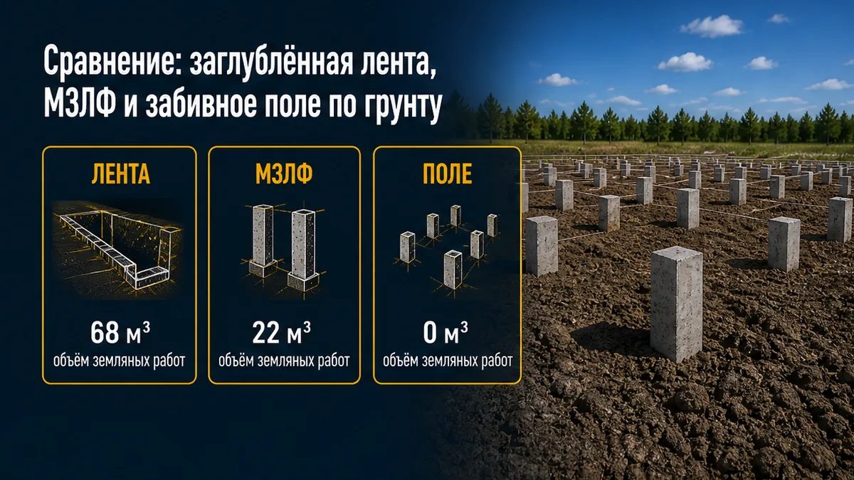 Таблица объёма грунта: лента 68 м³, МЗЛФ 22 м³, забивное поле без траншеи