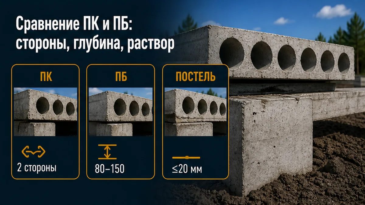 Таблица: ПК, ПБ, глубина опирания, постель не более 20 мм, анкер