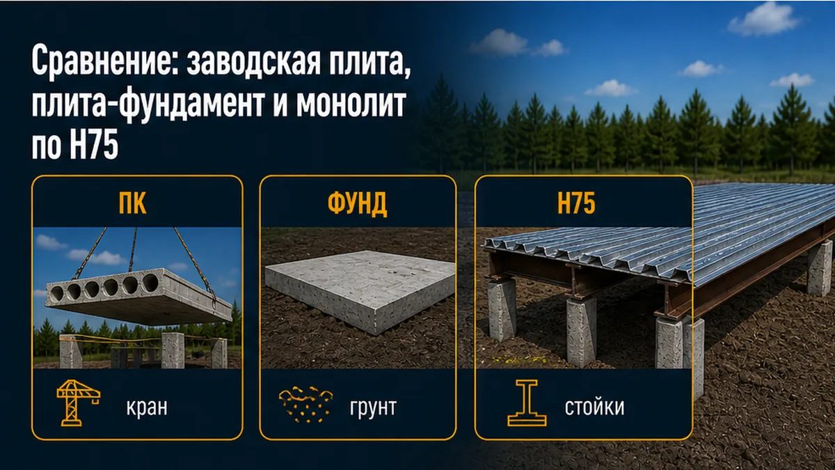 Сравнение: заводская плита, плита по сваям как фундамент, настил Н75 со стойками