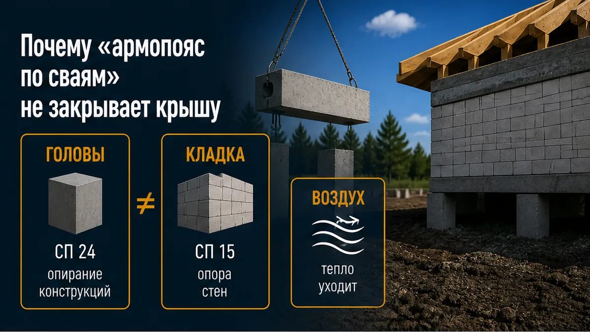 Ростверк на оголовках с воздухом снизу и пояс под мауэрлат на последнем ряду кладки