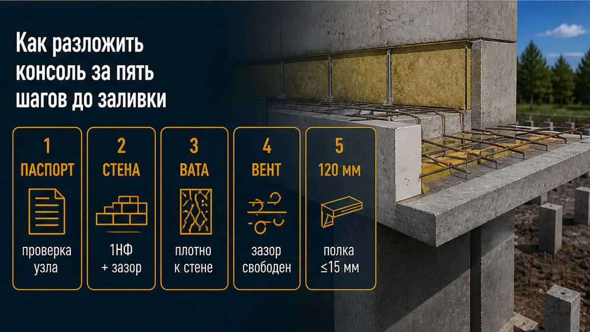 Пять шагов: паспорт 120 мм, стена, вата, вент, лицо целиком на бетоне