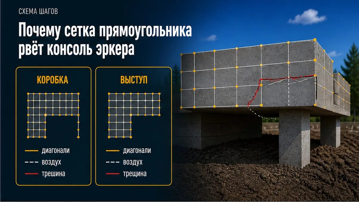 Прямоугольник по диагоналям без кольев эркера: ростверк висит консолью