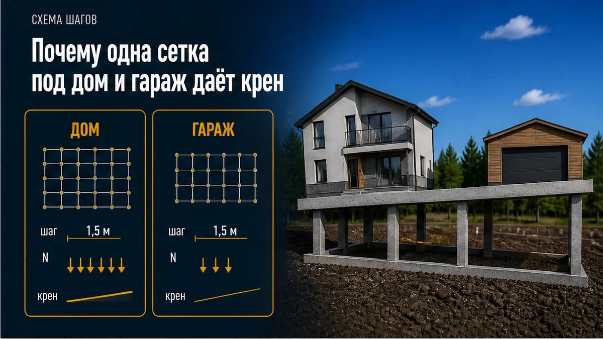 Одна сетка свай под блоки и каркасный гараж: разная осадка на общем ростверке