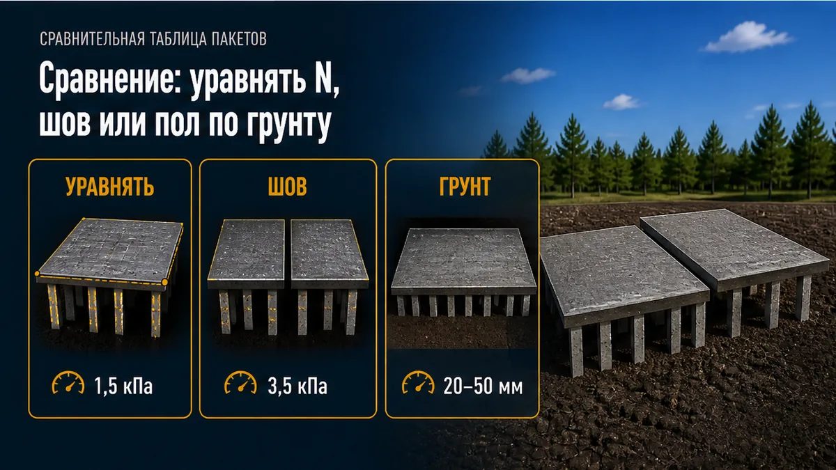 Три схемы: разный шаг зон, деформационный шов сквозь крышу, пол гаража по грунту